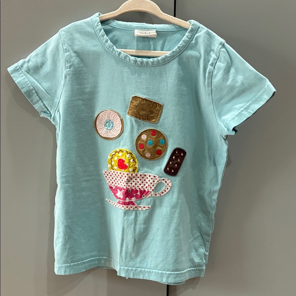 Mini Boden Light Blue Short Sleeve Tee with Tea Cup & Cookie Appliqués